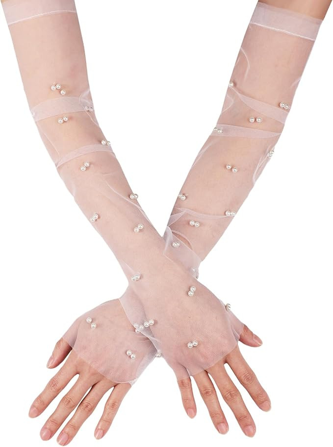 LUTER 2pcs Pearl Gloves, 18inch Pearl Gloves Fingerless Tulle Gloves for Women Tulle Long Gloves ... | Amazon (US)