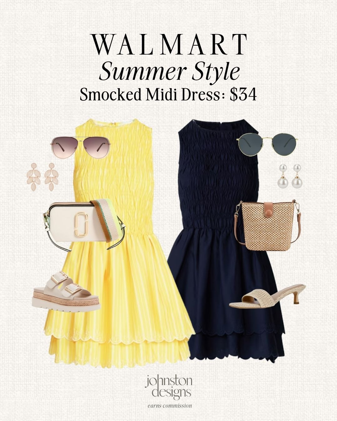 Walmart summer style with a pretty smocked midi dress, woven bags and easy sandals for a polished warm weather look. Love these for church, brunch plans or vacation dinners. ☀️

Walmart summer style, smocked dress, midi dress, yellow dress, navy dress, woven bag, crossbody bag, summer sandals, pearl earrings, sunglasses, brunch outfit, church dress, vacation dinner, warm weather, feminine style, affordable finds 

 #LTKootd #LTKSeasonal