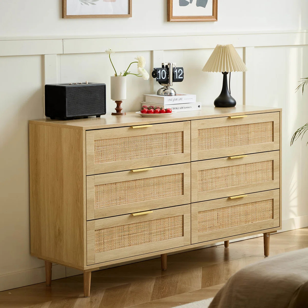 Aimara 51" Rattan 6 Drawer Dresser for Bedroom, Boho Wood Dresser with Gold Handles & Wood Legs, ... | Wayfair North America