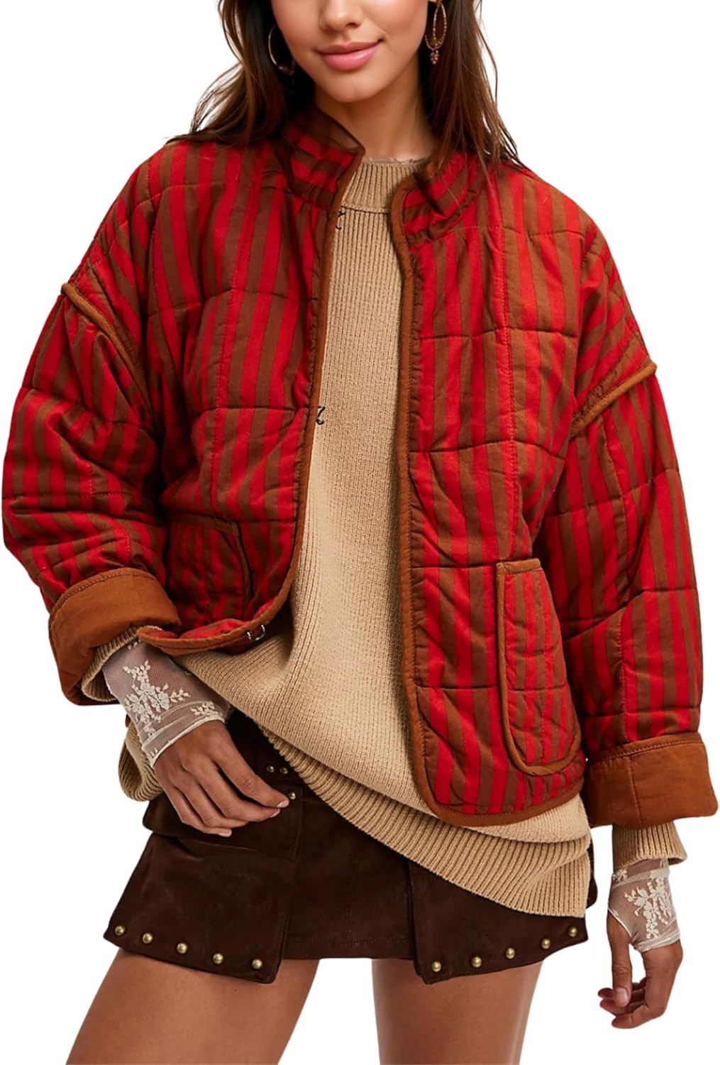 InterNos Womens Quilted Jacket Lightweight Winter Striped Stand Collar Padded Puffer Cardigan Coat with Pockets | Amazon (US)