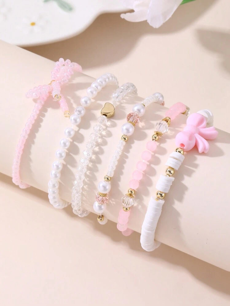 6pcs/Set Fashion Children Faux Pearl Bracelet With Bow & Heart Beaded Bracelet Set, Gift For Girl... | SHEIN