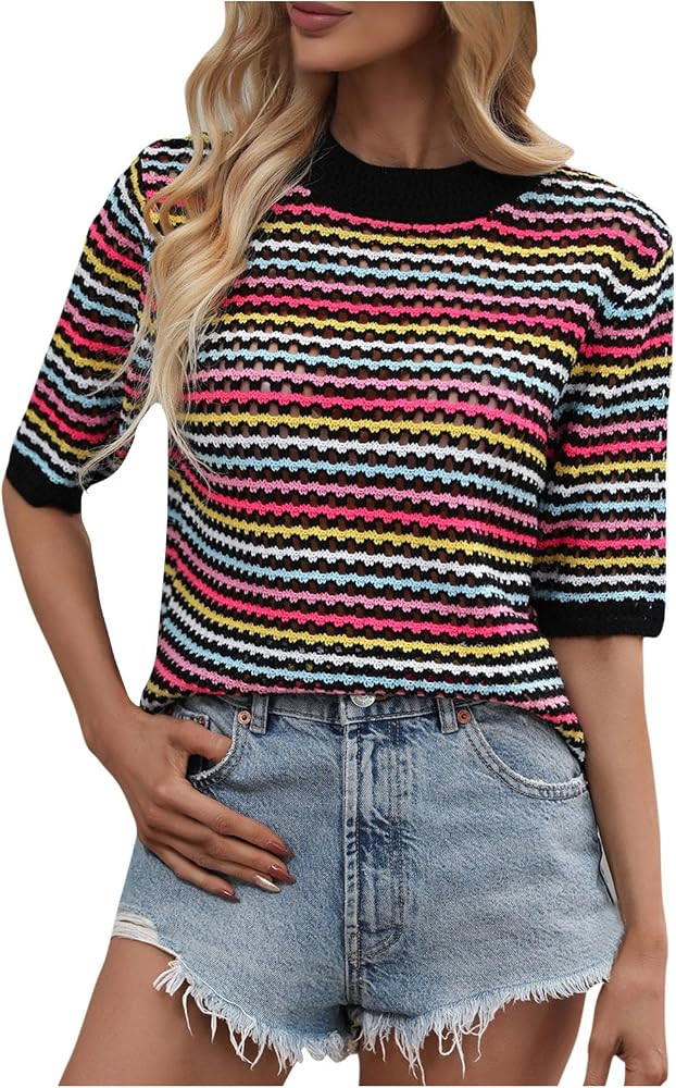 Womens Short Sleeve Sweater Dressy Casual Hollow Out Sweaters Round Neck Outdoor Pullover 2025 Fa... | Amazon (US)