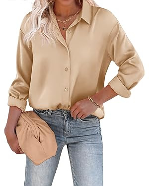 Chigant Women's Blouse Satin Silk Shirts Button Down Shirts Casual Loose Long Sleeve Office Work ... | Amazon (US)