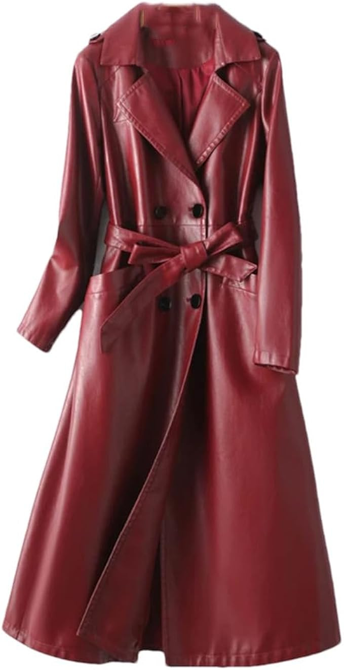 Long Leather Outwear Sheepskin Trench Coats for Women Lambskin Double Breasted Belt Jacket Coat | Amazon (US)