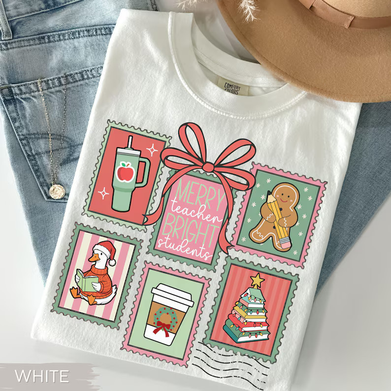 Christmas Teacher Shirt: Comfort Colors Postage Stamp Coquette Vintage Holiday Teacher Tee - Etsy | Etsy (US)