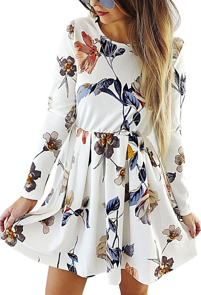 Angashion Womens Dresses Casual Floral Print Long Sleeve Swing Pleated Skater A Line Mini Dress | Amazon (US)