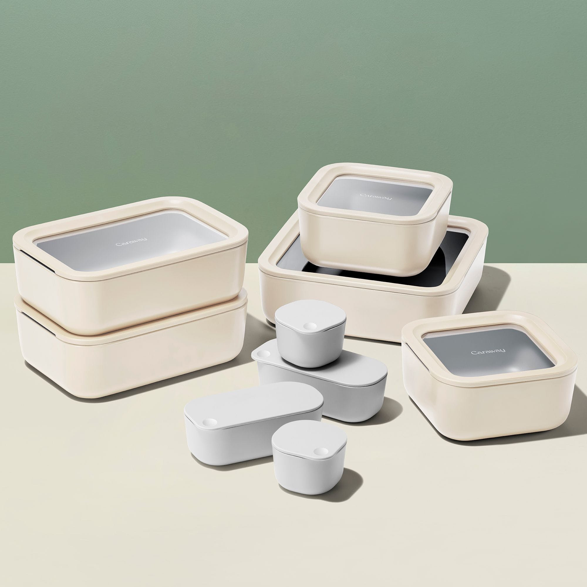 14 Piece Food Storage Set In Cream | BPA-Free, Non-Toxic Ceramic-Coated Glass Containers | Stackable With Airtight Lids | Caraway | Caraway