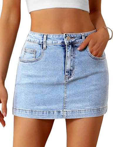 Denim Skirt Women Casual Denim Mini Skirt High Waisted Denim Skort Slim Fit Jean Skirt Summer Jean Skort with Pocket Light Blue US S | Amazon (US)