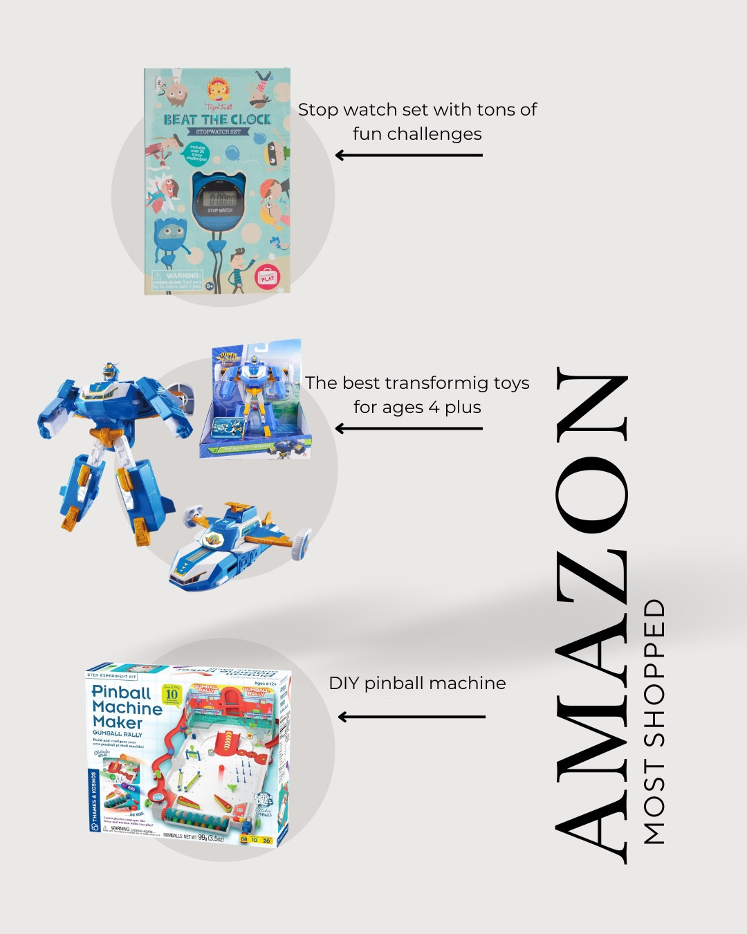 The three most shocked items from my Amazon links.  The stopwatch that I just bought for my five-year-old has tons of challenges they can do with the stopwatch. These are our favorite transformer toys we own and love them. And last but not least a great gift for an older kid, a DIY pinball machine.

#GiftsForKids #GiftGuideForKids #ChristmasGifts #GiftsUnder25 #Kids

#LTKGiftGuide #LTKFindsUnder50 #LTKKids