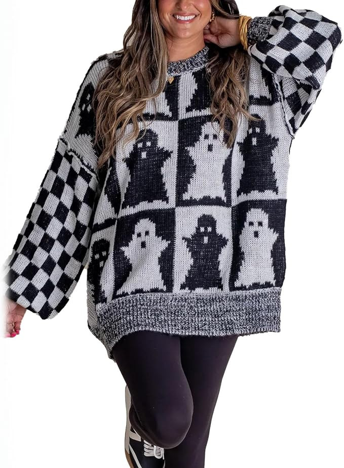 Halloween Checkered Sweater,2024 Halloween Ghost Checkered Sweater,Oversized Crew Neck Knit Sweat... | Amazon (US)