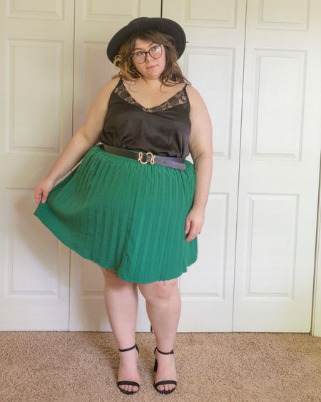 Plus size black lace camisole green accordion pleated mini skirt 

#LTKcurves #LTKstyletip #LTKSeasonal
