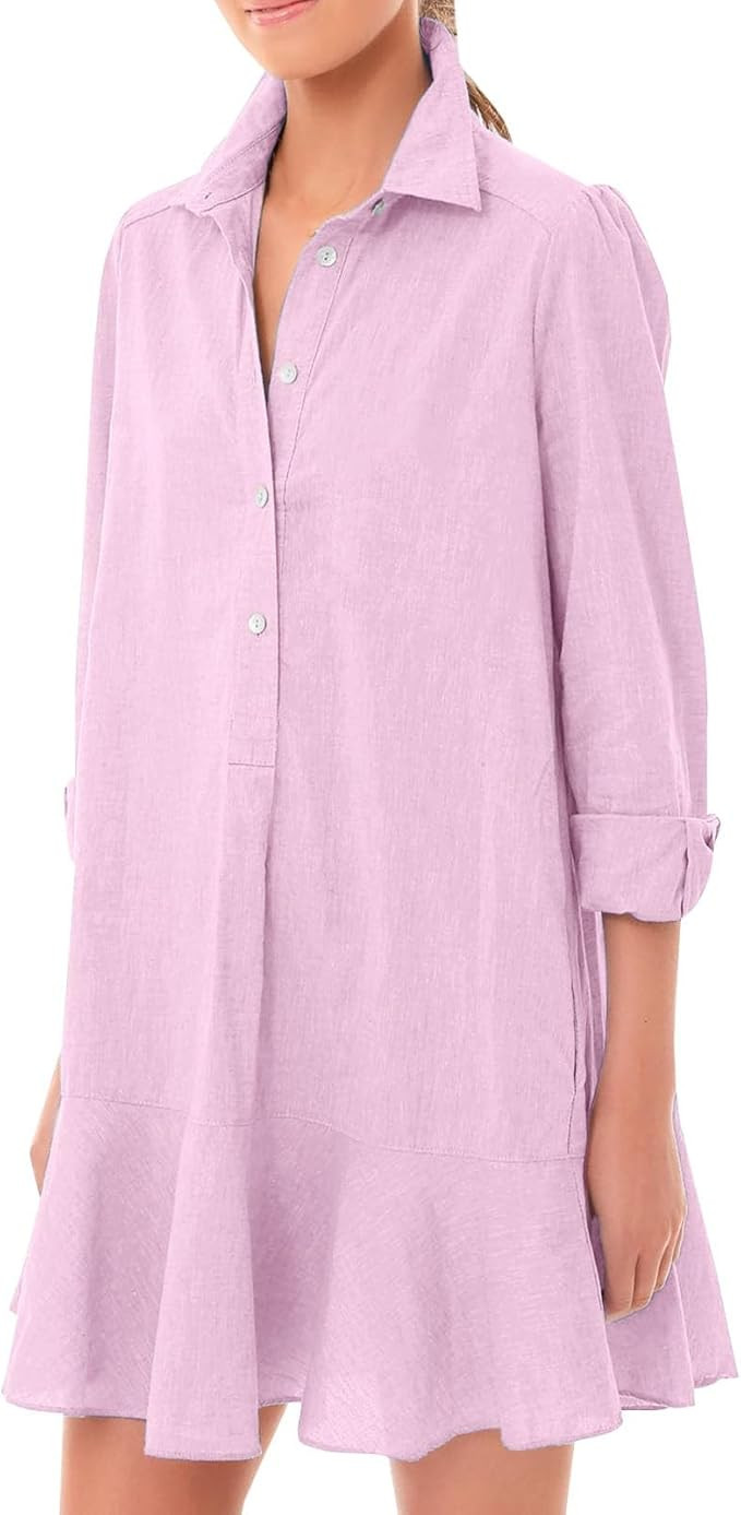 Women‘s Tunic Shirt Mini Dress Long Sleeve Cotton Short Dress Button Up Ruffle Hem Shift Dresse... | Amazon (US)