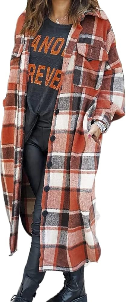 Haellun Womens Long Sleeve Plaid Wool Blend Pea Coat Button Up Shacket Shirt Long Jacket Coat | Amazon (US)