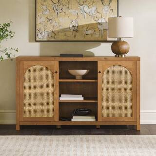 Welwick Designs Modern English Oak Wood 58 in. Sideboard with Arched Rattan Panels HD9940 - The H... | The Home Depot