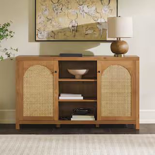 Welwick Designs Modern English Oak Wood 58 in. Sideboard with Arched Rattan Panels HD9940 - The H... | The Home Depot