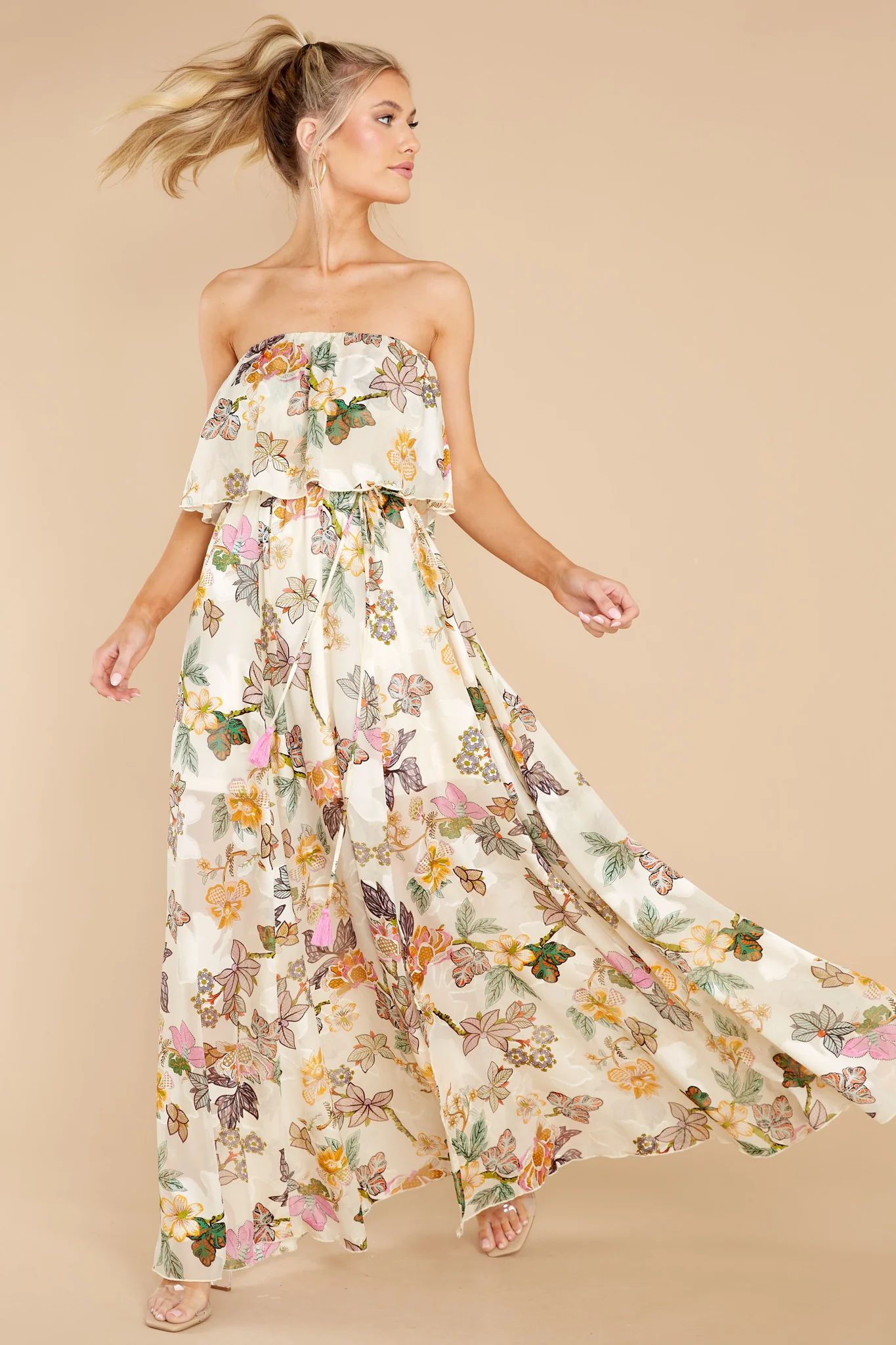 Cheerful Sights Ivory Floral Print Maxi Dress | Red Dress 