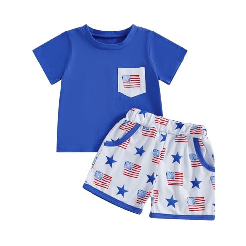 4th of July Baby Boy Outfit USA Flag Short Sleeve Shirt Elastic Shorts 2Pcs Toddler Boys Fourth of July Outfits (Flag Pocket-Blue, 2-3T) | Amazon (US)