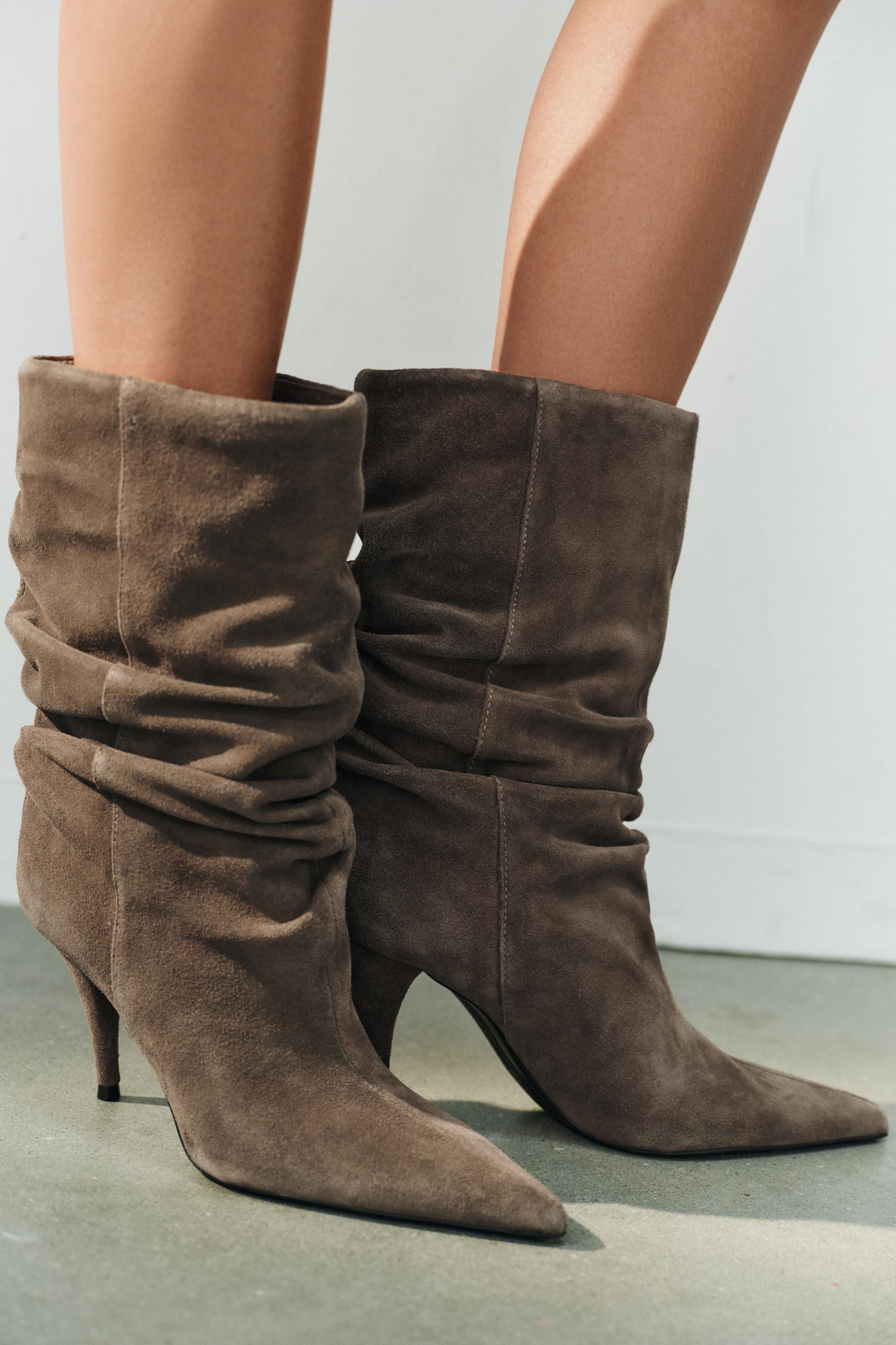 Zara - Suede Gathered High-Heel Boots - Taupe Gray - 11 - Woman | Zara US