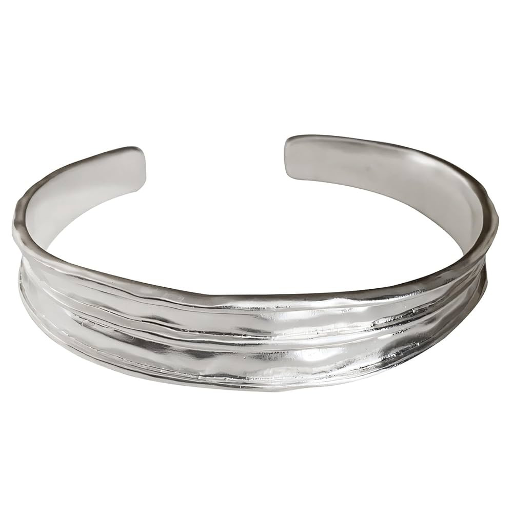 Handmade 925 Sterling Silver Bangle Bracelets For Women Irregular Hammered Cuff Bangles Texture B... | Amazon (US)