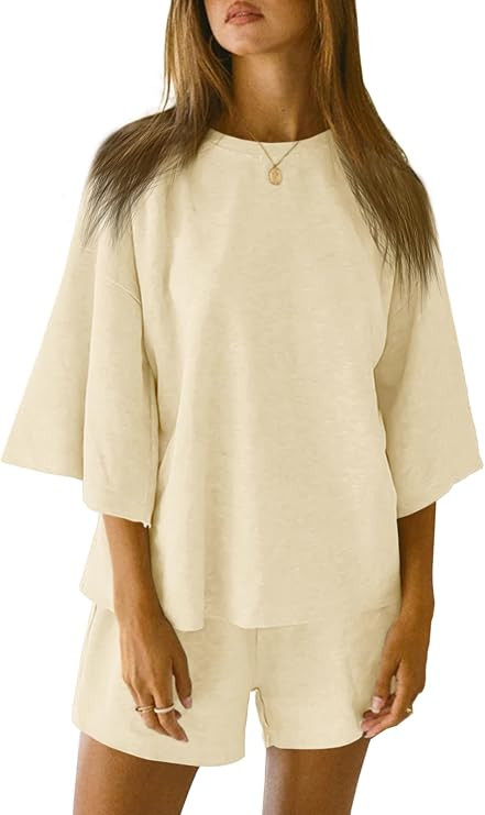 Tankaneo Womens Pajama Sets 3/4 Sleeve Oversized Tops and Elastic Waist Shorts Lounge Sets Lounge... | Amazon (US)