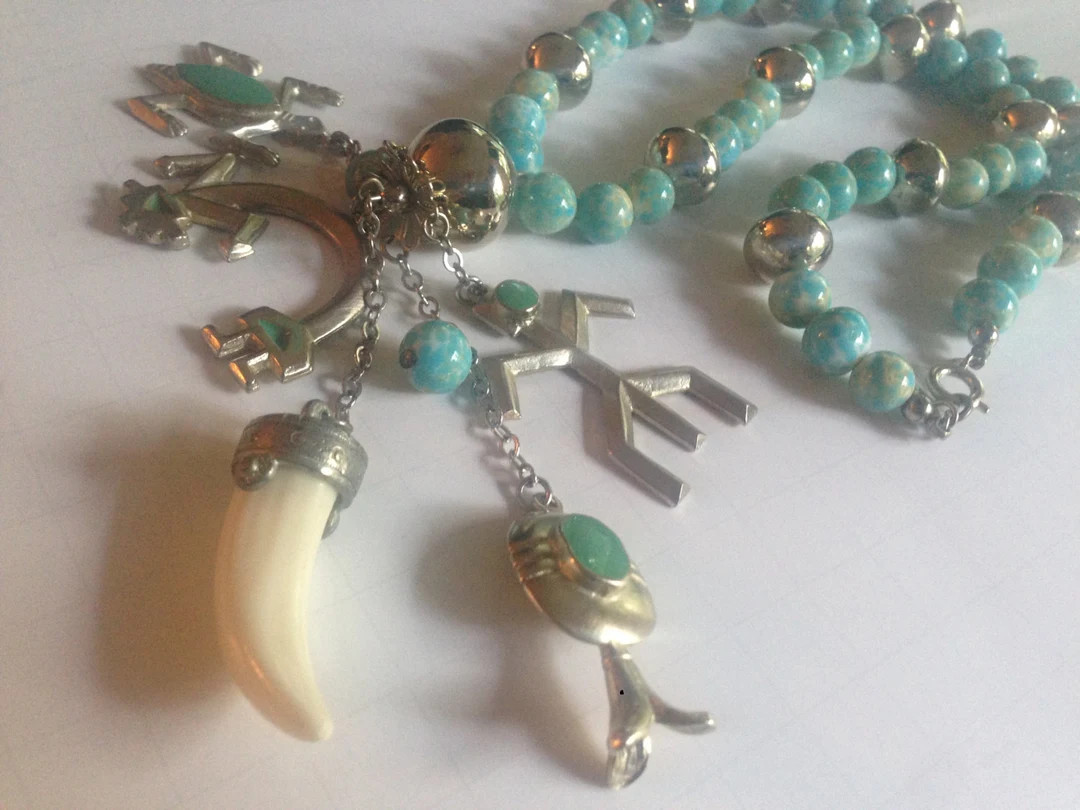 RARE Kenneth Lane Southwestern Aztec Necklace With Turquoise Glass and Silver Tone Beads Signed K... | Etsy (US)