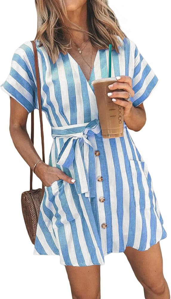 Womens Fashion Stripe Short Sleeve Wrap V-Neck Casual Summer Button Front Mini Short Shirt Dress | Amazon (US)
