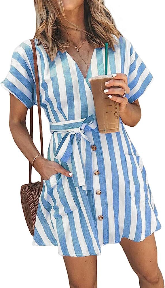 Womens Fashion Stripe Short Sleeve Wrap V-Neck Casual Summer Button Front Mini Short Shirt Dress | Amazon (US)