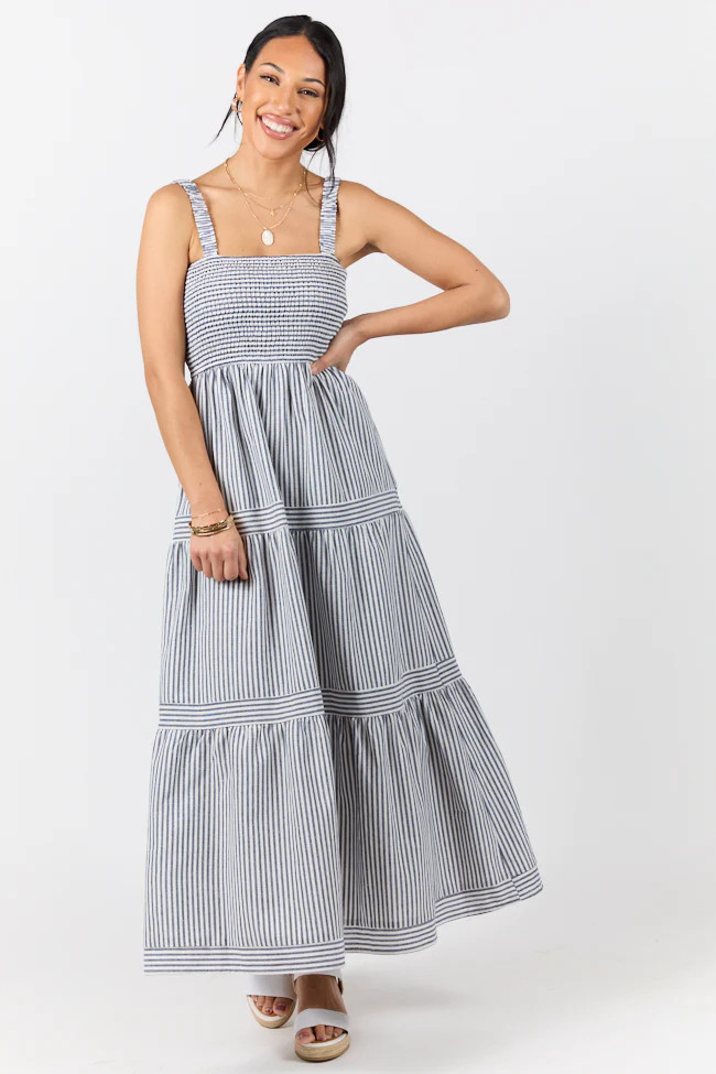 The Next Chapter Navy Striped Midi Dress | Pink Lily