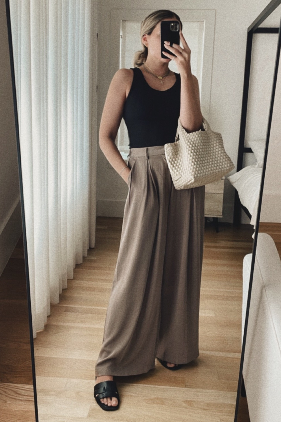 Amazon Wide leg trousers (good quality) / tank / woven bag 

#LTKunder100 #LTKworkwear #LTKunder50
