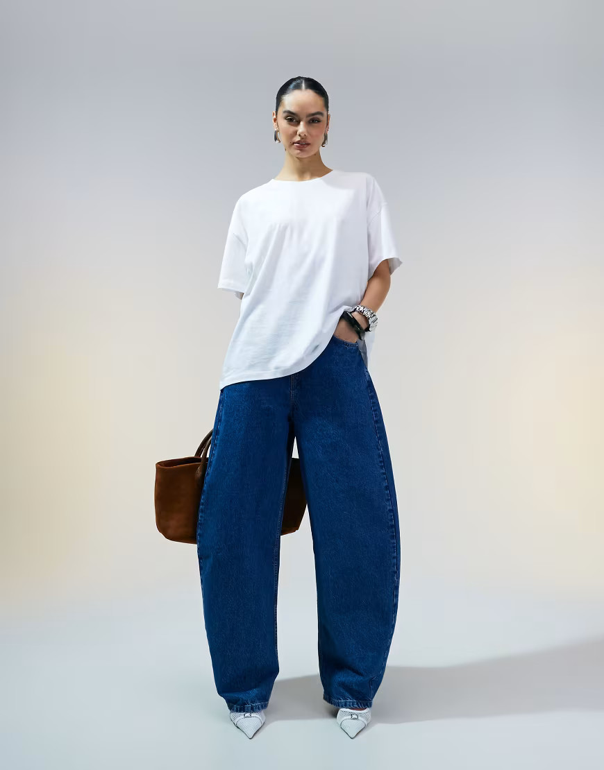 ASOS DESIGN high waisted barrel leg jeans in mid blue | ASOS (Global)
