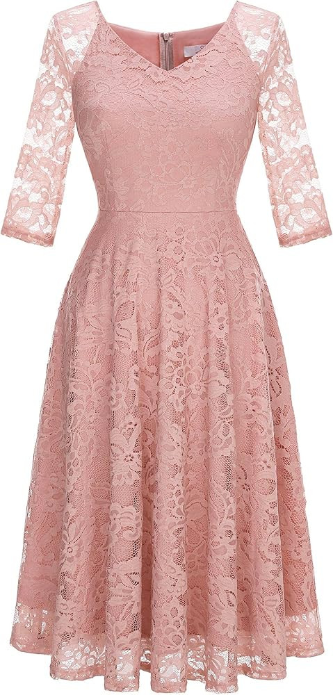 Dressystar Womens Long-Sleeve Wedding Guest Dress A-Line Lace Formal Party Cocktail Midi Dress Pr... | Amazon (US)