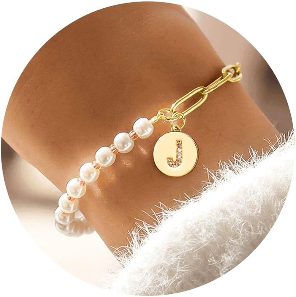 Turandoss Initial Pearl Bracelets for Women - Dainty Gold Bracelets for Women Teen Girls Gifts Pe... | Amazon (US)