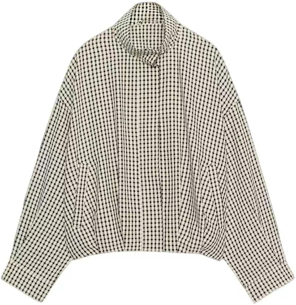 Womens Plaid Jacket Bomber Stand Collar Zip Up Coat with Pockets | Amazon (US)