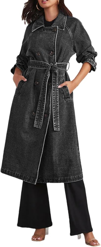 Women's Denim Trench Coat Double Breasted Over Knee Lapel Jean Jacket | Amazon (US)