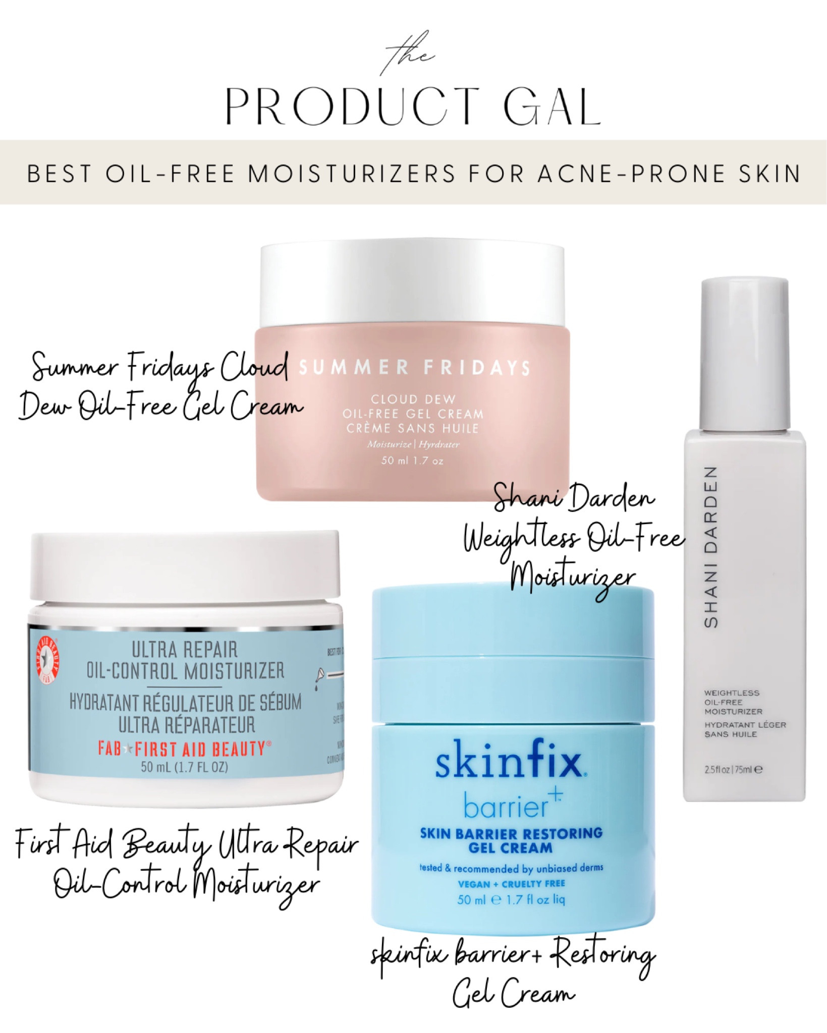 The BEST Oil-Free Moisturizers for Oily and/or Acne-Prone Skin 💦 If you are looking for a lightweight, but still hydrating moisturizer here are my go-to favorites! These were amazing when I was suffering from hormonal breakouts earlier this year, but still needed a moisturizer to balance my skin.

1. @firstaidbeauty Ultra Repair Oil-Control Moisturizer — If you have visibly oily skin, this face cream is perfect for you. It instantly mattifies and delivers weightless hydration without clogging pores and keeps your skin shine-free all day.

2. @summerfridays Cloud Dew Oil-Free Gel Cream — Super lightweight and formulated with 3 different types of hyaluronic acid for all the skin plumping benefits ☁️

3. @skinfixinc barrier+
Skin Barrier Restoring Gel Cream — This cream helps to improve skin barrier function and restores, strengthens, balances and protects your skin. Dermatologist-recommended and long-lasting. 

4. @shanidarden Weightless Oil-Free Moisturizer — Formulated with Hyaluronic Acid, Hydrolyzed Collagen, and Red Algae to attract and retain lost hydration while drenching skin in revitalizing nutrients. xx #itstheproductgal 

#LTKbeauty