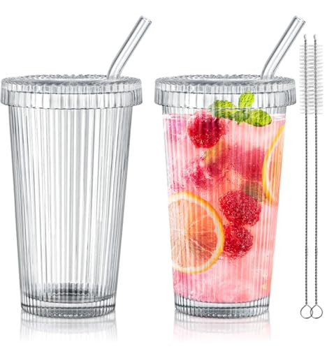 Joeyan Glass Tumbler with Lid and Straw,Clear Ribbed Iced Coffee Cup,Vintage Drinking Jar Glasses,Fluted Glassware for Juice Smoothie Water Milk Soda,12.5 oz,Set of 2,Dishwasher Safe | Amazon (US)