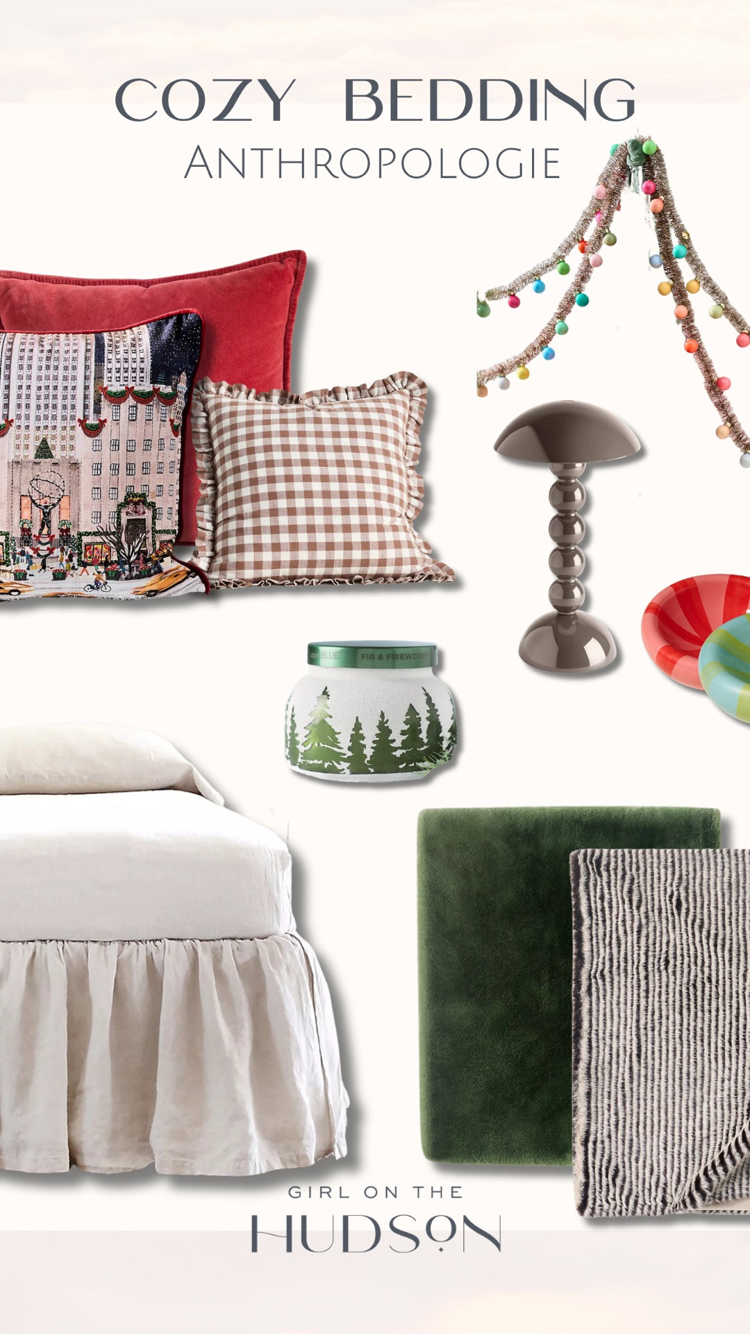 Anthropologie has the prettiest pieces for a cozy holiday bedroom! I love mixing rich velvet throws, festive pillows, soft bedding, and a little colorful Christmas garland to make the room feel special for the season. The perfect mix of classic textures and playful holiday details!

Anthropologie bedding, Anthropologie home, cozy holiday bedding, Christmas bedroom decor, holiday throw pillows, velvet throw blanket, festive bedding, Christmas garland, ruffle bedding, winter bedroom decor, holiday home decor, colorful Christmas decorations, girlonthehudson