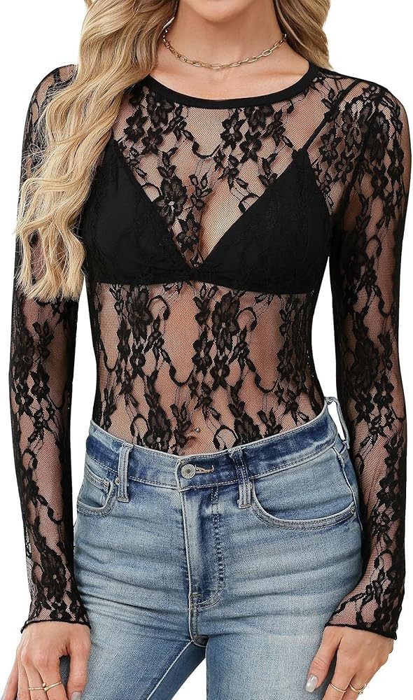 LOMON Womens Mesh Tops Lace Shirts Long Sleeve Crew Neck Sexy See Through Blouses Tee Party Club ... | Amazon (US)