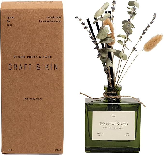 Craft & Kin Reed Diffuser with Dried Flowers | 5 oz Stone Fruit & Sage​​ Scented Reed Diffuse... | Amazon (US)