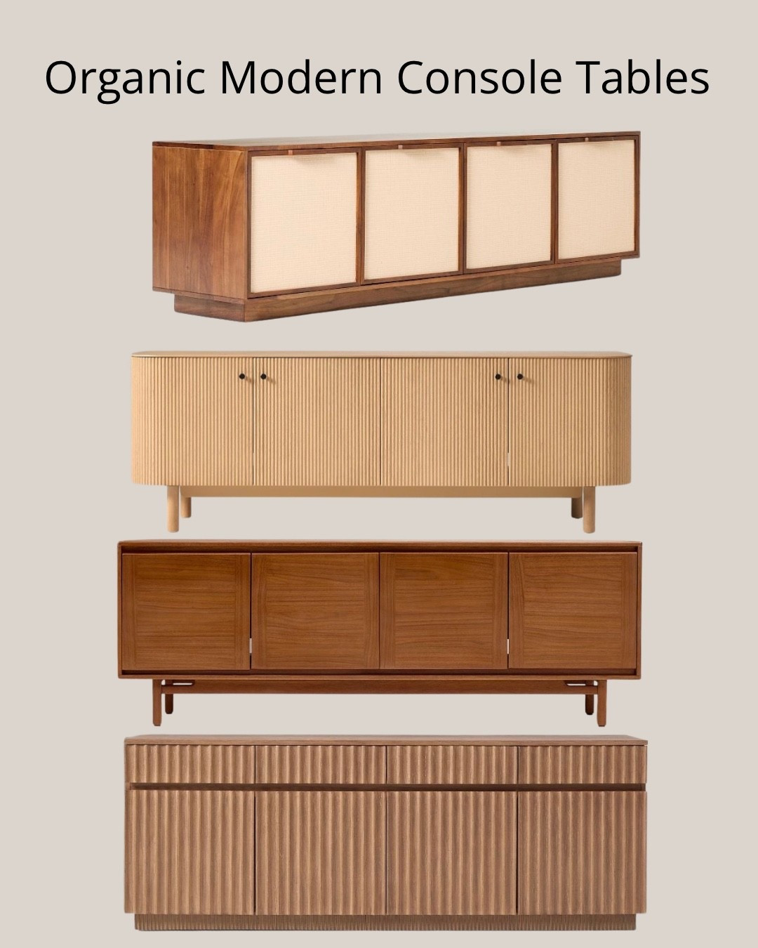 The perfect console table completely anchors a room! 🕊️ If you love that warm, texture-rich organic modern or transitional interior design style, finding a media console, sideboard, or entryway table with stunning wood tones and fluted details is a must.I curated four gorgeous, high-end organic modern console tables that add the perfect amount of warmth and sophistication to any living room, dining room, or entry space. Whether you love rich walnut tones, light oak fluting, cane details, or clean mid-century modern lines, there is a perfect option here for your home refresh! 🛒#homedecor #livingroomdecor #sideboard #consoletable #organicmodern #interiordesign #targethome #wayfairfinds #homeinspiration #ltkhome #ltkunder1000 #transitionaldesign

#LTKHome
