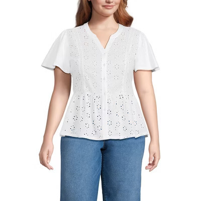 Lands' End Women's Plus Size Short Sleeve Mixed Media Eyelet Top - 1x - White | Target