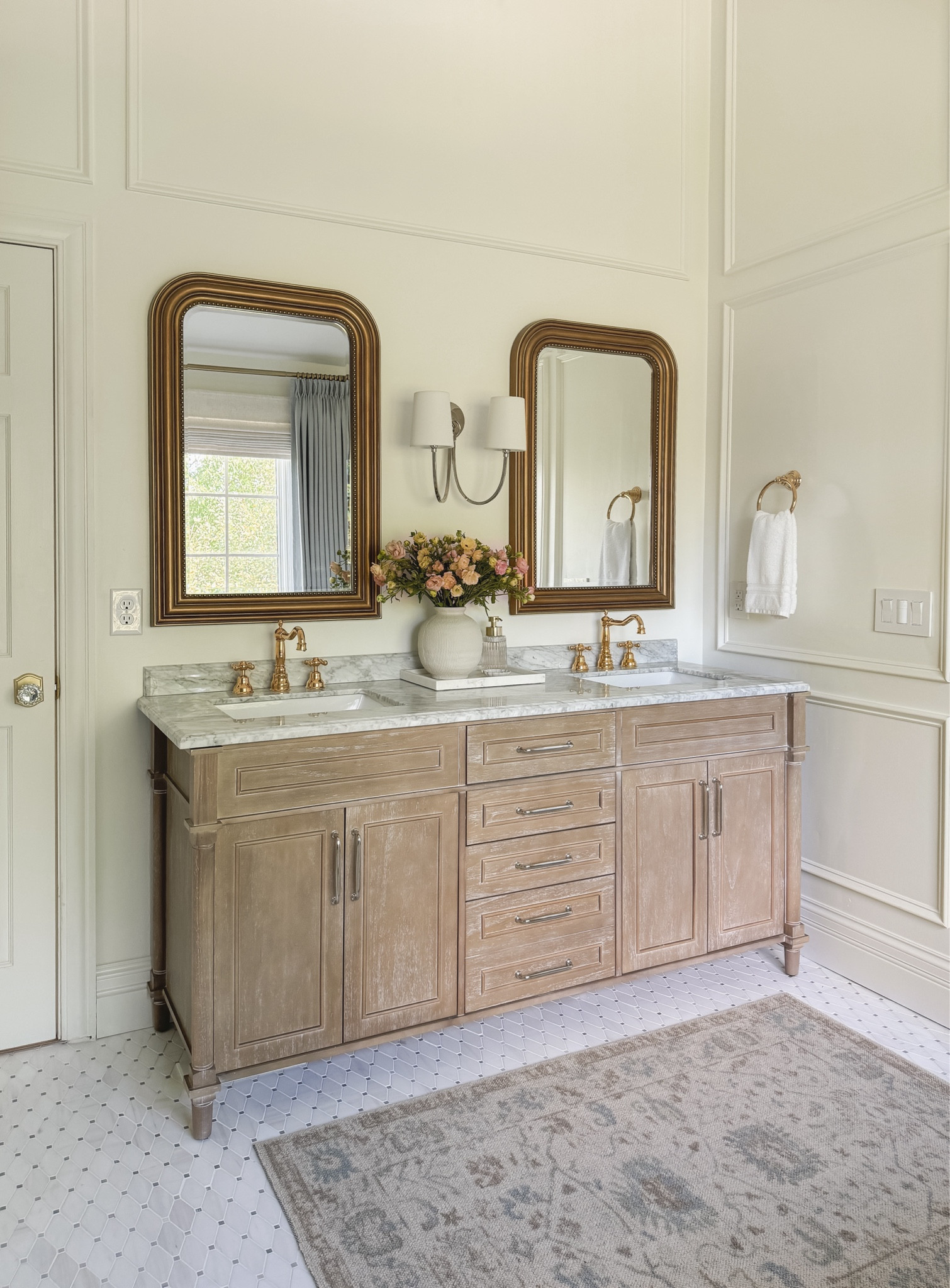 Wall color: Sherwin Williams Greek Villa 

Curtain details:
Isabella heavyweight polyester cotton blend
Winter Sky
Triple pleated header
Room darkening liner
memory training
My curtain measurements 91”L x 60”W

Bathroom decor, bathroom vanity, white oak vanity, Home Depot, Wayfair, faucet, Rohl plumbing, home decor, neutral decor 


#LTKHoliday #LTKHome #LTKCyberWeek