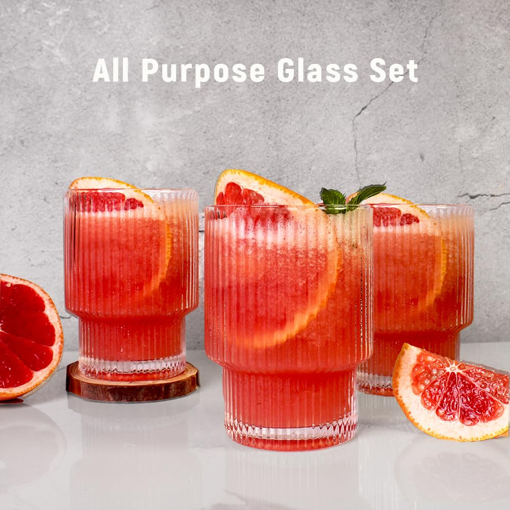 Ribbed Glassware Set of 4, 11oz Clear-Short Origami Style Drinking Glass Cup, Iced Coffee, Cockta... | Amazon (US)