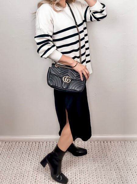 Stripe sweater 
Slip dress
Black boots
Gucci bag 
#ltkitbag
#ltkshoecrush 

#LTKunder50 #LTKFind #LTKSeasonal