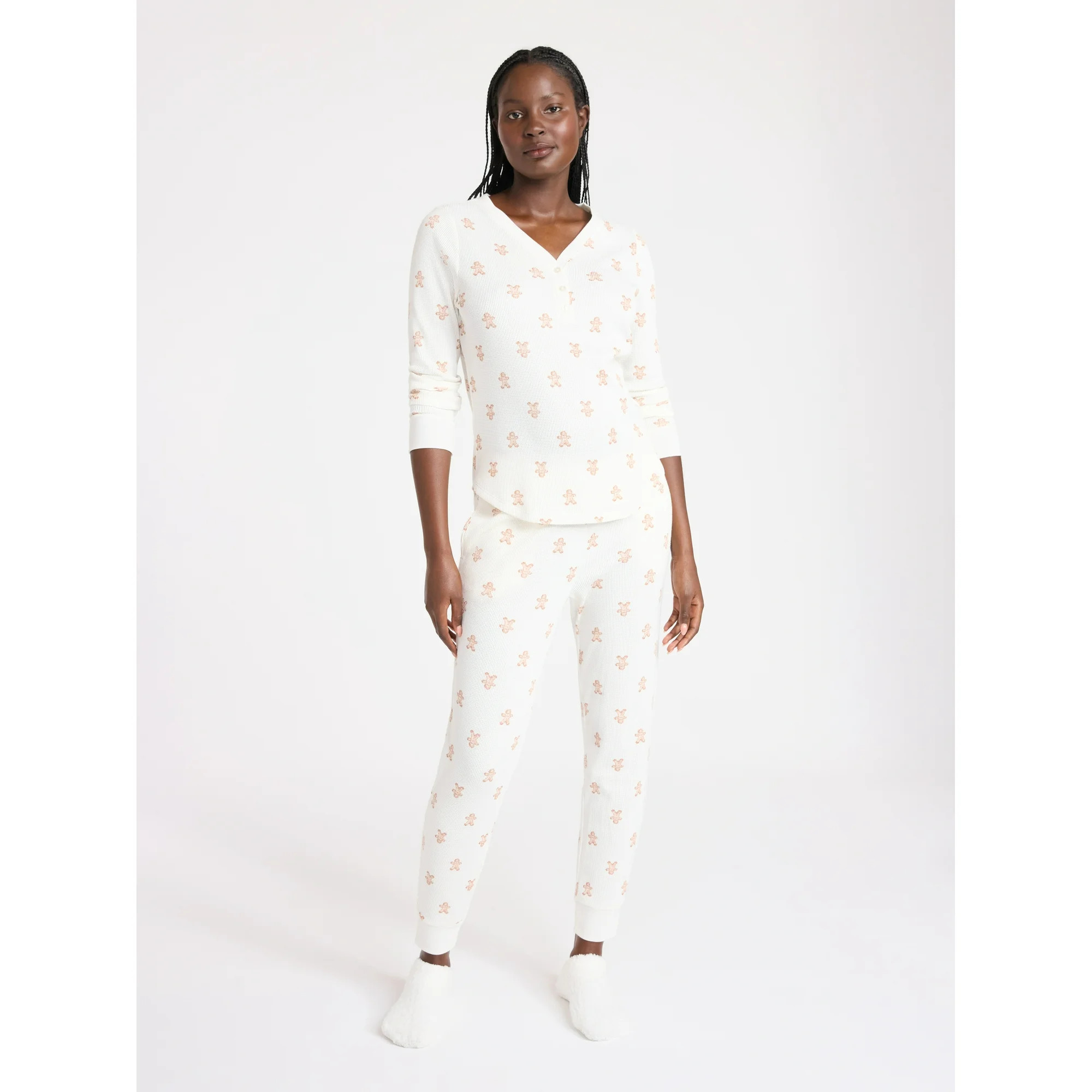 Joyspun Women's Waffle Knit Henley Sleep Top, Joggers and Socks Pajama Set, 3-Piece, Sizes XS-3X | Walmart (US)