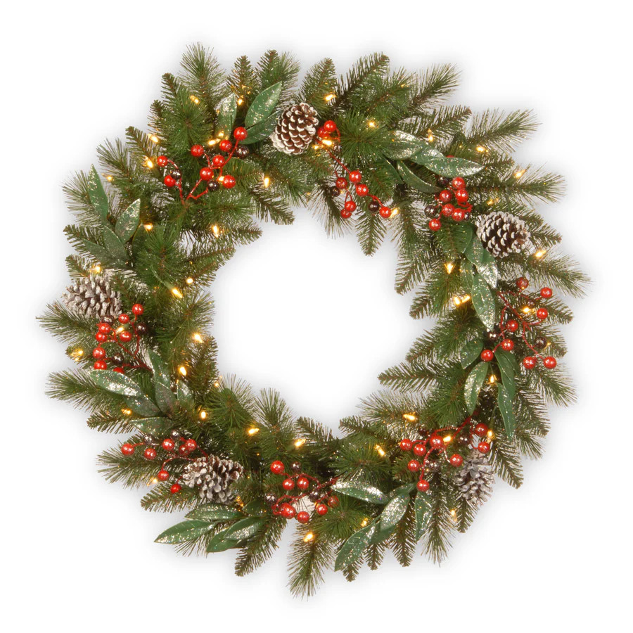 24 in. Pre-Lit Frosted Pine Berry Wreath with LED Lights | National Tree Company