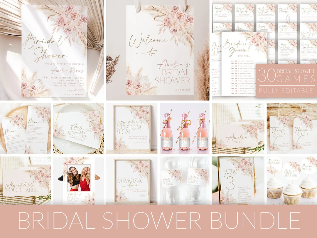 Pink Boho Bridal Shower Invitation Bundle, Boho Floral Bridal Shower Invite and Games Bundle, Edi... | Etsy (US)