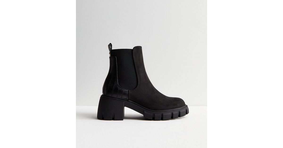 Black Suedette Faux Croc Chunky Block Heel Chelsea Boots | New Look | New Look (UK)