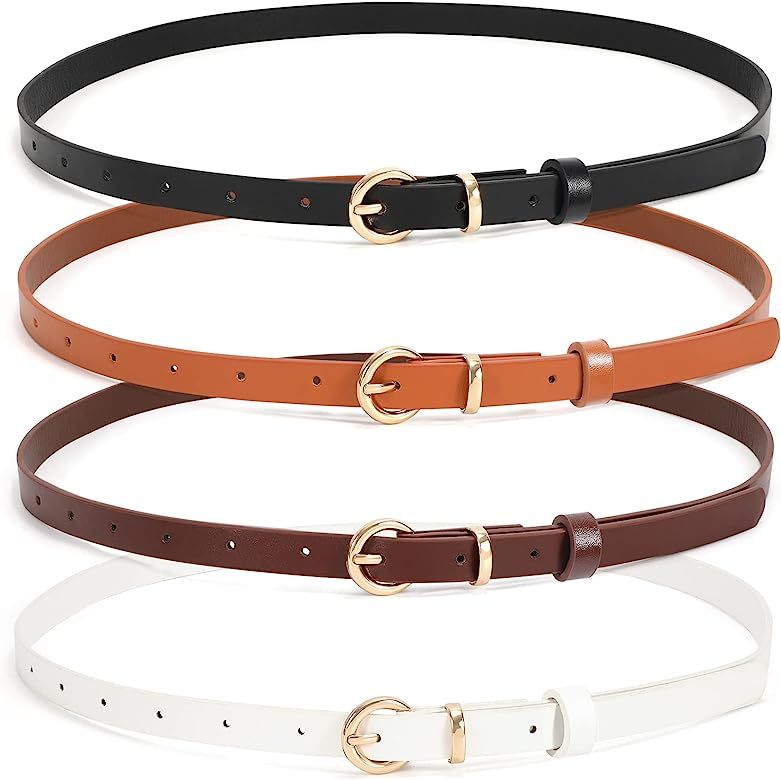 WHIPPY Set of 4 Women Skinny Leather Belt Thin Waist Belt with Metal Buckle for Pants Jeans Dresses | Amazon (US)
