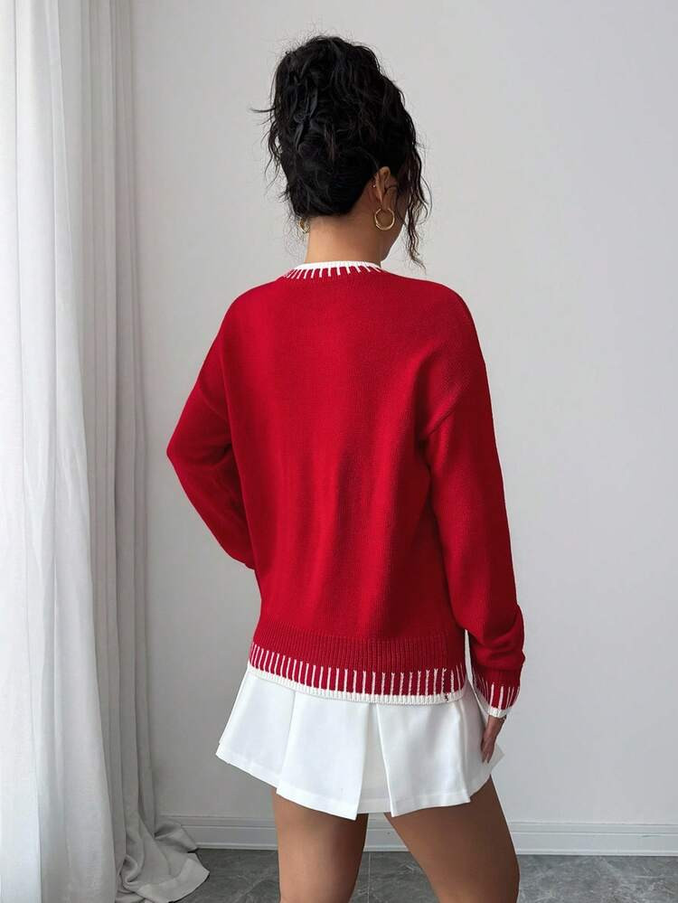 Elenzga Women's Crew Neck Colorblock Christmas Snowflake Knit Pullover Sweater, Casual Holiday Re... | SHEIN